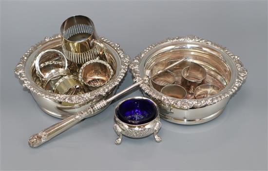 A pair of Regency style plated coasters and sundry plated wares